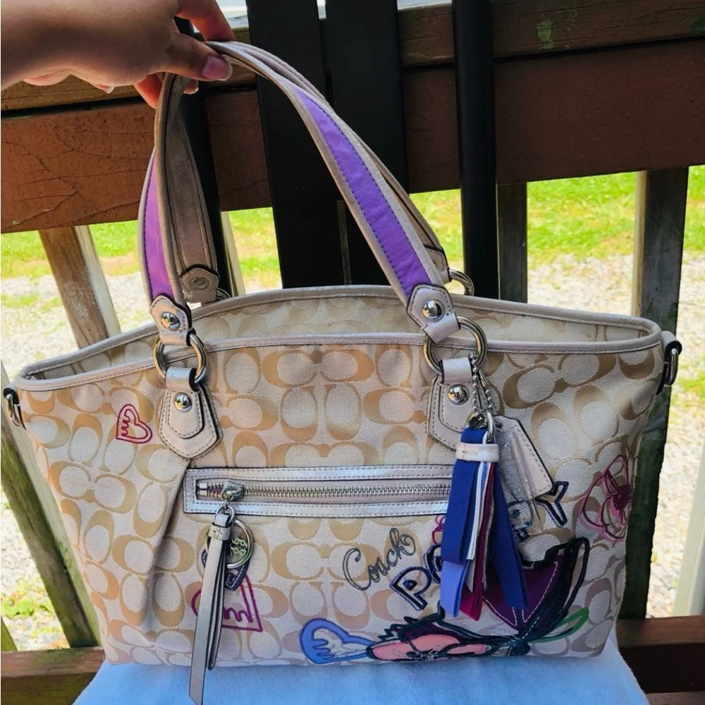 Coach Poppy Rocker Bag Signature Scribble Canvas Shoulder Tote - Picture 2 of 9